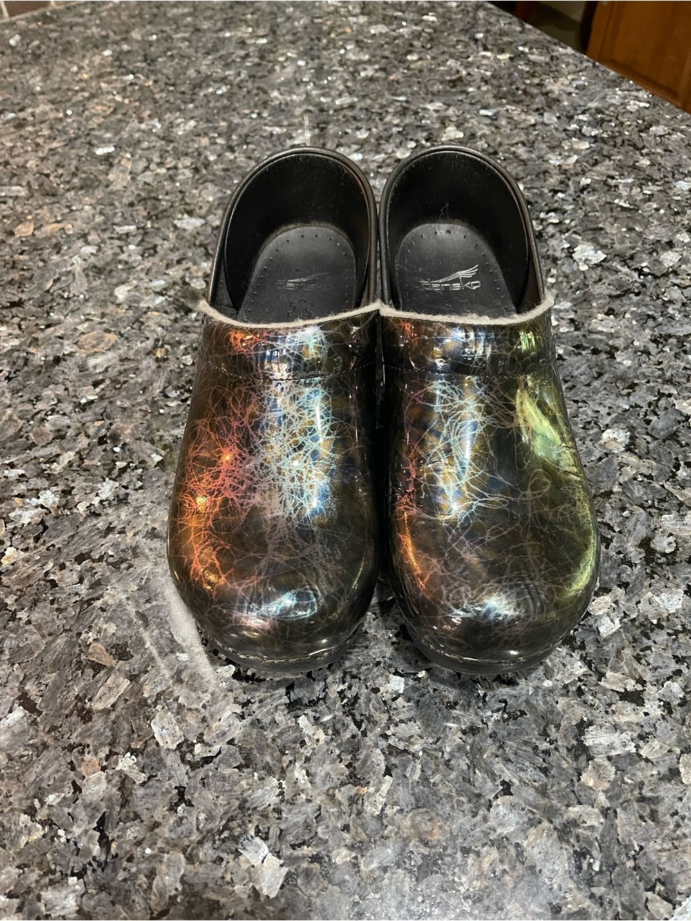 Dansko Iridescent Metallic Scribble Black Multicolor Leather Clogs 40